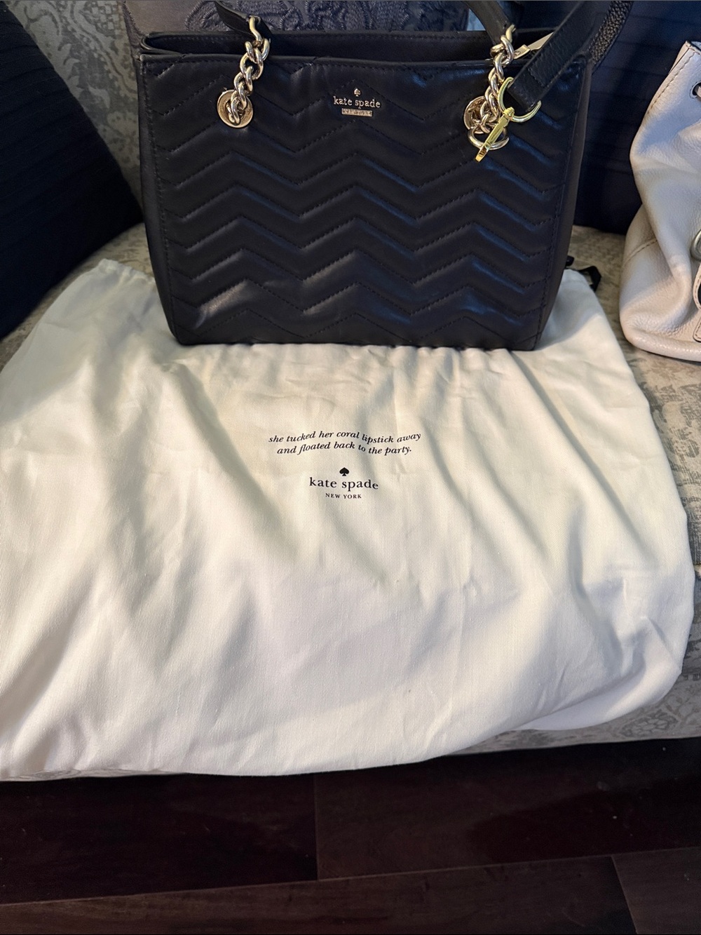 kate spade Black Chevron Quilted Leather Tote with Gold Chain Handles